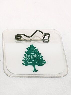 Maine Pine Tree Plastic Tag Lapel Pin Brooch 1.75" State